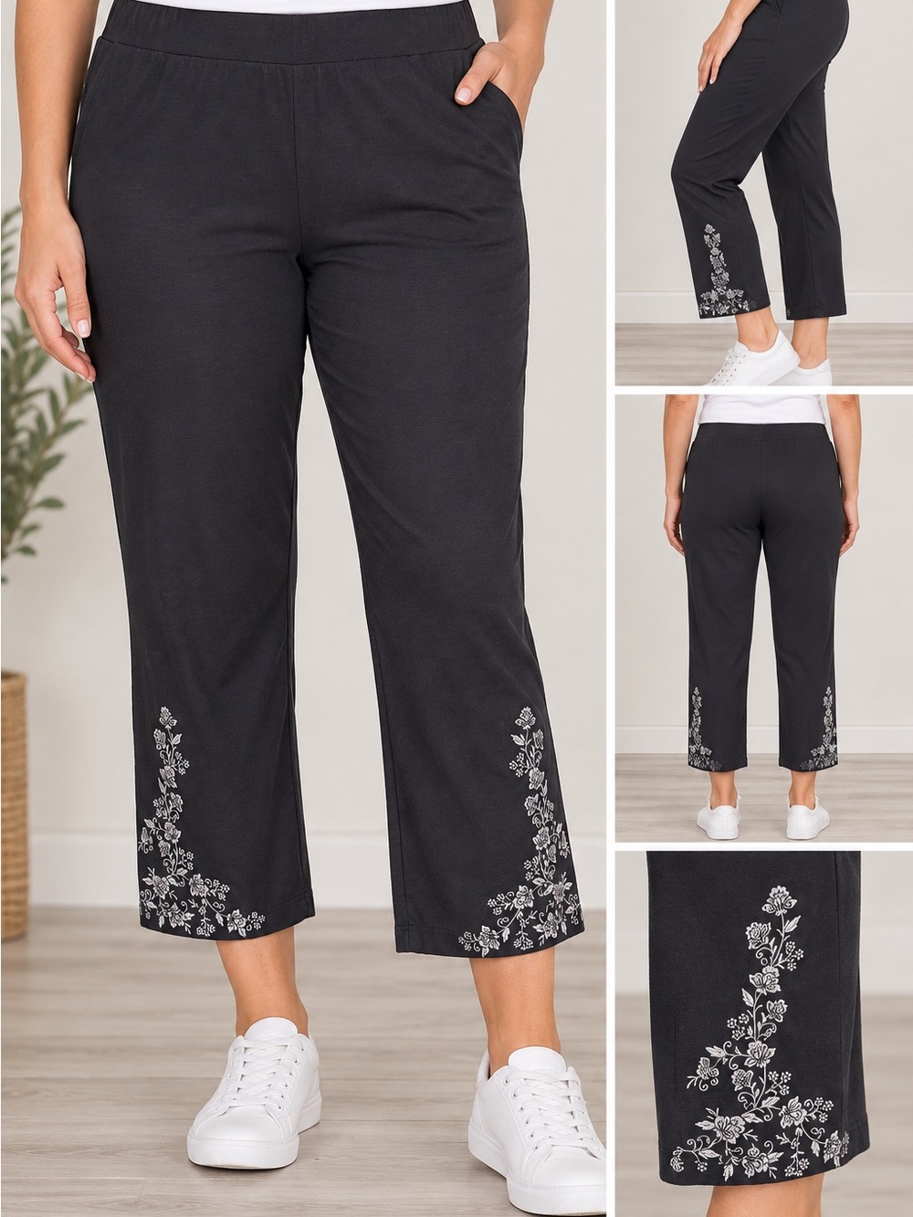 ShallWe Black Floral Cropped Pants Women’s Medium NWT